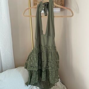 Green Halter Neck Dress with Lace Details